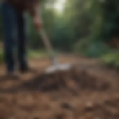 A person checking the moisture levels of compost with a pitchfork.