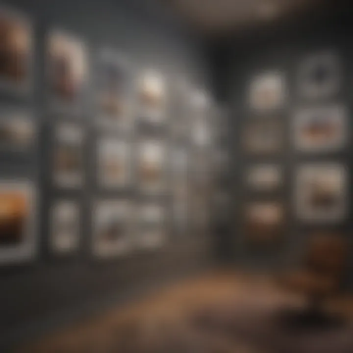 Gallery wall arrangement with various art styles and sizes