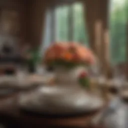 Elegantly set dining table with fine china and floral centerpiece