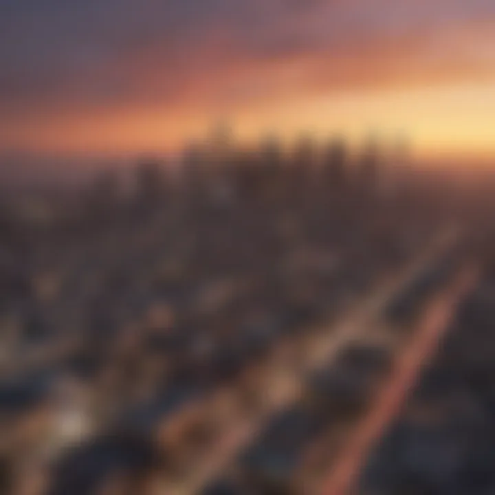 A panoramic view of the Los Angeles skyline during sunset