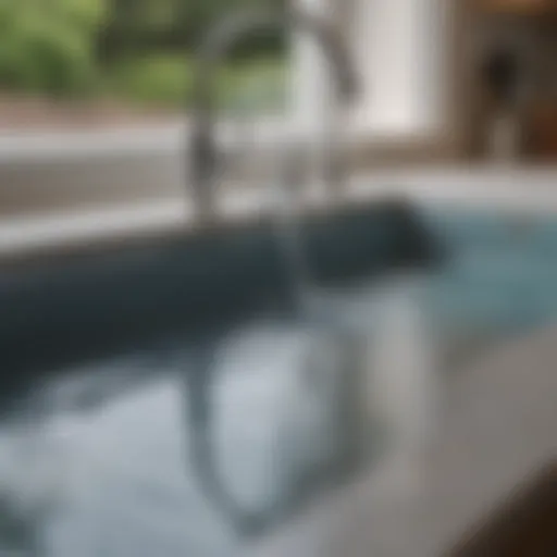 A close-up of a kitchen sink showcasing water pooling.