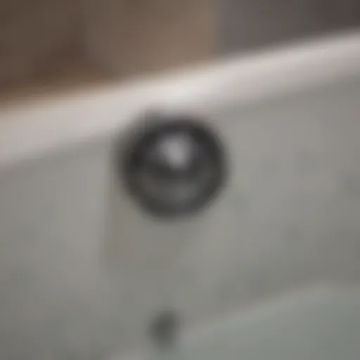 Close-up of a bathtub drain showing signs of blockage
