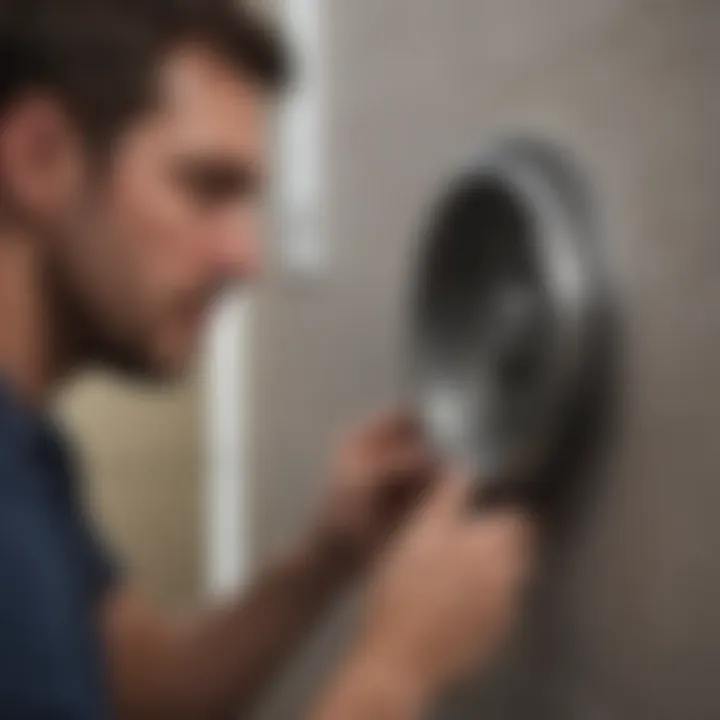 A homeowner inspecting a dryer vent for blockages.