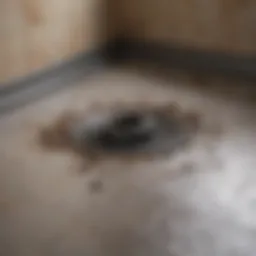 Close-up view of a clogged shower drain with hair and debris
