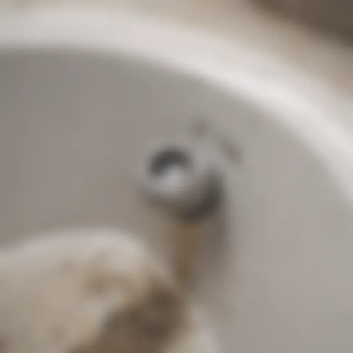 A close-up of a clogged bathtub drain with hair and debris